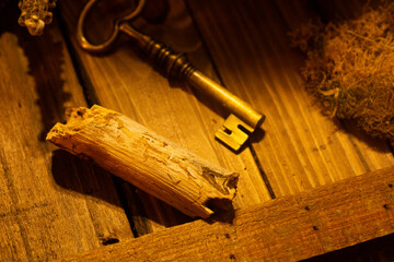 old key on wood background