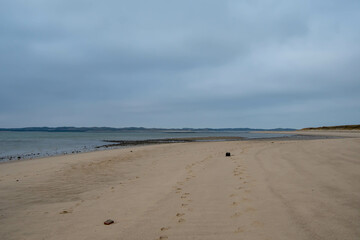 Fototapeta na wymiar Menschenleerer Strand mit Spuren im Sand am Lister Ellenbogen im Winter Insel Sylt