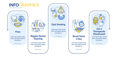 Periodontal disease prevention rectangle infographic template. Brush teeth. Data visualization with 5 steps. Process timeline info chart. Workflow layout with line icons. Lato-Bold, Regular fonts used