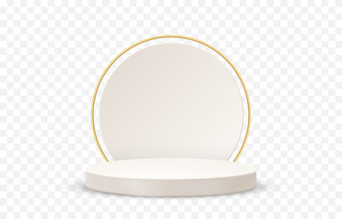 Vector pedestal png. Pedestal with golden circle on isolated transparent background. Podium for advertising, podium for products. PNG.