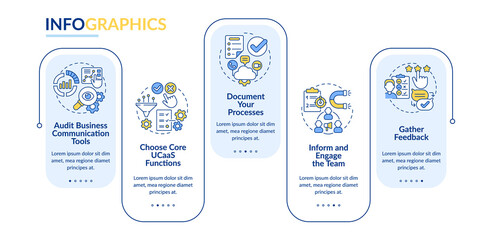 How to move to UCaaS rectangle infographic template. Service provide steps. Data visualization with 5 steps. Process timeline info chart. Workflow layout with line icons. Lato-Bold, Regular fonts used