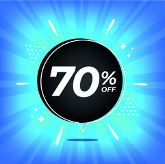 70% off. Blue banner with seventy percent discount on a black balloon for mega big sales.