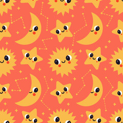 Obraz premium Vector seamless pattern with cute abstract sun, star, constellation and half moon characters. Background with fun space and sky elements. Can be used for textile, wrapping paper, wallpaper for nursery