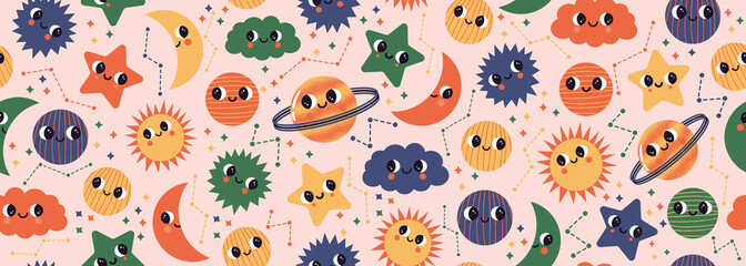 Vector seamless banner with cute abstract sun, star, planet, constellation and half moon characters. Background with space and sky elements. Cosmos pattern with cartoon illustrations