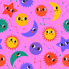 Fototapeta na wymiar Vector seamless pattern with cute abstract sun, star, planet, constellation and half moon characters. Background with funky space and sky elements. Can be used for textile, wrapping paper, wallpaper