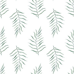 Watercolor seamless pattern with tropical leaves on white background. Template design for textiles, interior, wallpaper and more.