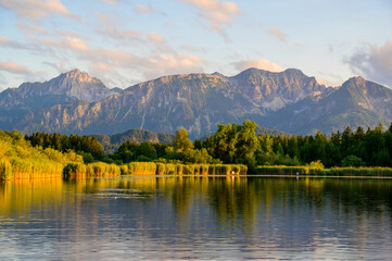 Lake Hopfensee near Fuessen - View of Allgaeu Alps, Bavaria, Germany - paradise travel destination - 486299408