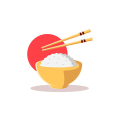 Rice Bowl with Chopsticks Flat Illustration. Clean Icon Element Design with Shadow on Isolated White Background