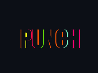 Obraz premium PUNCH word mark logo text. Geometric, neon colors, modern uppercase lettering.Typography concept. Creative initials isolated on dark background.
