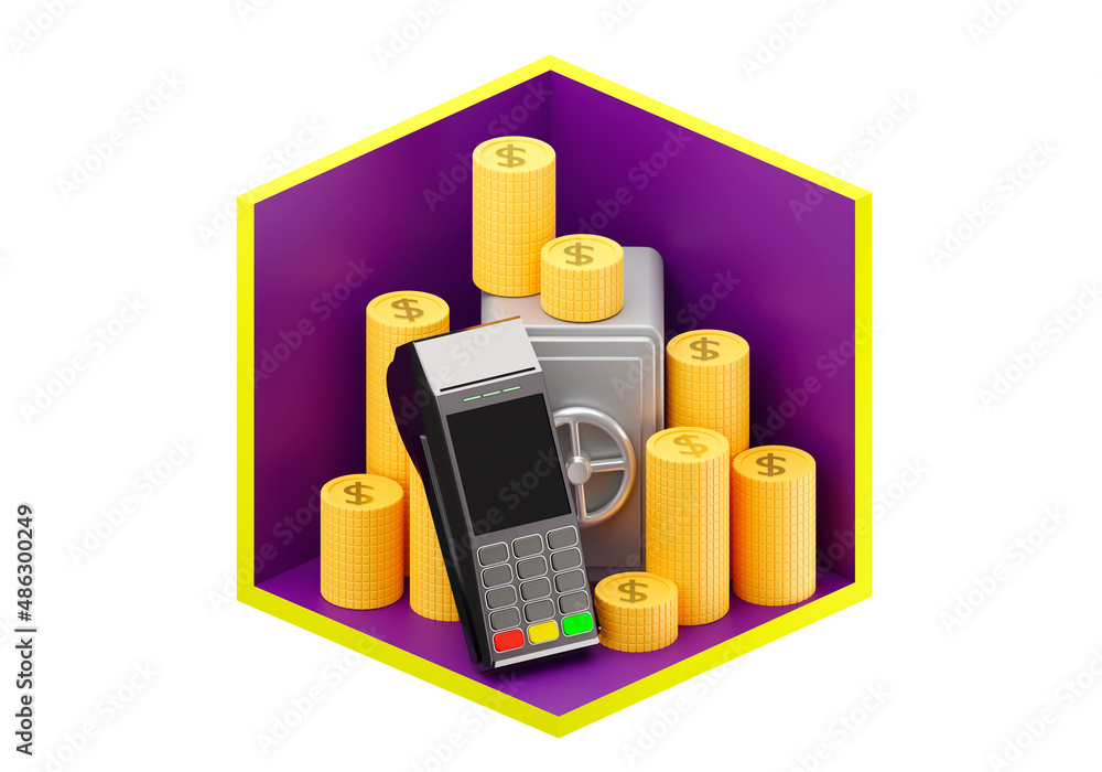 Poster pay symbols on purple. button for accepting payment with coins and safe. design elements for pays se
