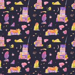 Seamless pattern  of watercolor elements of the morning city, houses, trees, clouds in a childish style