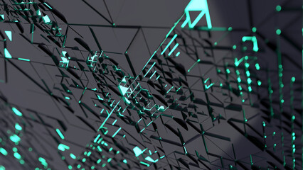 Abstract digital background with green neon light and depth-of-field effect