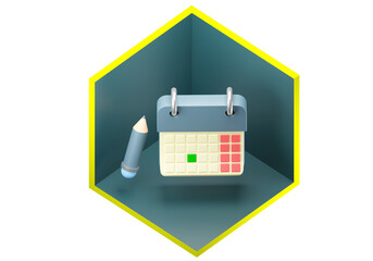 Calendar and pencil cartoon. Element to apply in appointment form. Button for making appointment through website. Booking exact date for ordering service. Template for app design on white. 3d image