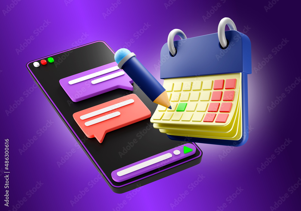 Aufkleber concept online calendar app. phone and calendar on purple. time management on your phone. keeping ca