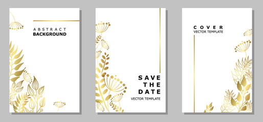 Set of templates with golden leaves and twigs on a white background. Group of vertical covers with space for text. Vector illustration.