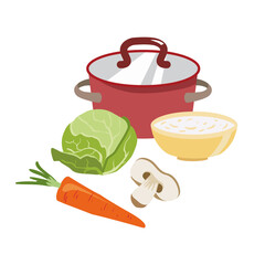 Red saucepan with copper lid. Ingredients for the preparation soup and a bowl of oatmeal. abbage, carrots, half of shumpinion. Icon for the Easter theme. Dietary food for Lent. - 486300698