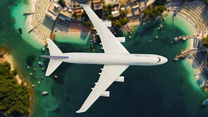 Airplane fly above beautiful nature landscape island, Tourism destination, Background for banner summer holiday vacation travel trip