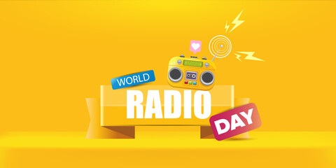 Vector World radio day horizontal banner with old cassette stereo player isolated on orange podium background. Cartoon funky hipster Radio day banner, label, sign, icon or poster with radio