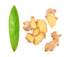 Fresh ginger rhizome with sliced and green leaves isolated on white background.