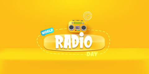 Vector World radio day horizontal banner with old cassette stereo player isolated on orange podium background. Cartoon funky hipster Radio day banner, label, sign, icon or poster with radio