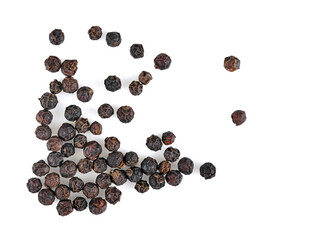 Black pepper corns Scattered on white background