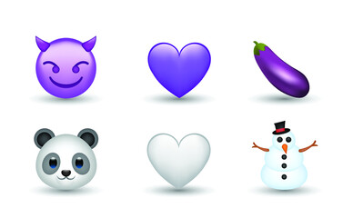 6 Emoticon isolated on White Background. Isolated Vector Illustration. Devil, eggplant, violet and white heart, panda, snowman vector emoji illustration. 3d Illustration set.