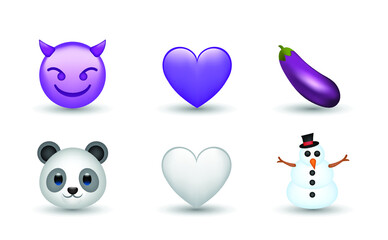 6 Emoticon isolated on White Background. Isolated Vector Illustration. Devil, eggplant, violet and white heart, panda, snowman vector emoji illustration. 3d Illustration set. © Turkan Jabbarli