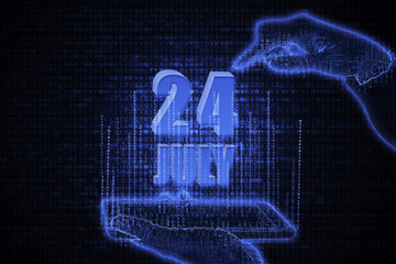 July 24th. A hand holding a phone with a calendar date on a futuristic neon blue background. Day 24 of month.