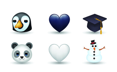 6 Emoticon isolated on White Background. Pigeon, bachelor cap, white and black heart, panda, snowman vector emoji illustration. 3d Illustration set. © Turkan Jabbarli