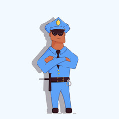 Illustration of a cartoon black police officer with arms crossed on his chest. He wears a cap and sunglasses. Vector illustration.