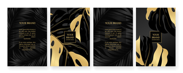 Exotic banner in black and gold colors. Floral cover, frame design set with tropical leaf pattern. Platinum vertical vector template for lux invitation party, luxury voucher, gift card.