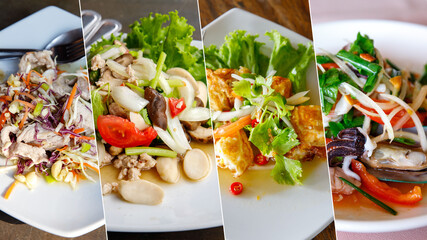 Collage from Photographs of variety Thai spicy pork, mushroom, egg, seafood salad . Panorama set of dishes from Thailand, asian food concept design