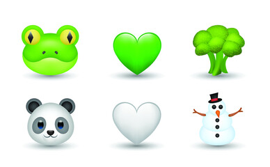 6 Emoticon isolated on White Background. Frog, broccoli, white and green heart, panda, snowman vector emoji illustration. 3d Illustration set. © Turkan Jabbarli