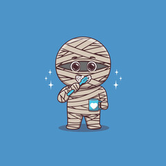 Cute Mummy brushing teeth while holding mug