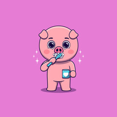Cute Pig brushing teeth while holding mug
