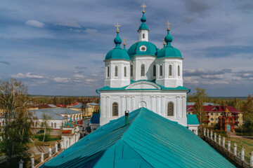 Spassky Cathedral and the city of Yelabuga from the bell tower of the Spassky Cathedral on a sunny spring day. Yelabuga, Tatarstan, Russia