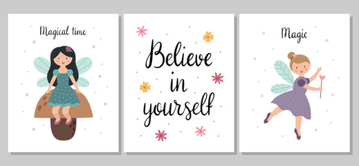 A set of cute kid's posters. Beautiful little fairies. Postcards with handwritten phrases. Vector illustration