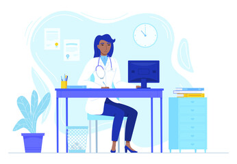 Black african Woman Doctor with stethoscope sitting at the desk with monitor. Medcine, pandemic, lockdown therapy, health care, hospital workspace concept. Stock vector illustration in flat style isol