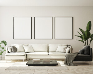 mock up poster frame in modern interior background, living room, Scandinavian style, 3D render, 3D illustration
