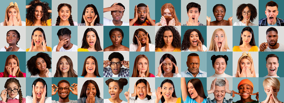 Multiracial men and women showing different emotions, set of photos