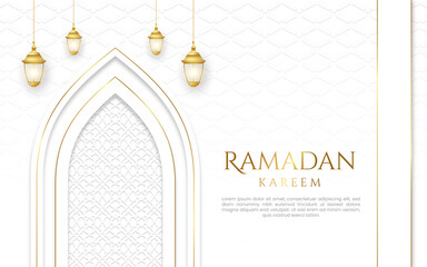 White luxury islamic background with decorative ornament pattern and lanterns Premium Vector	