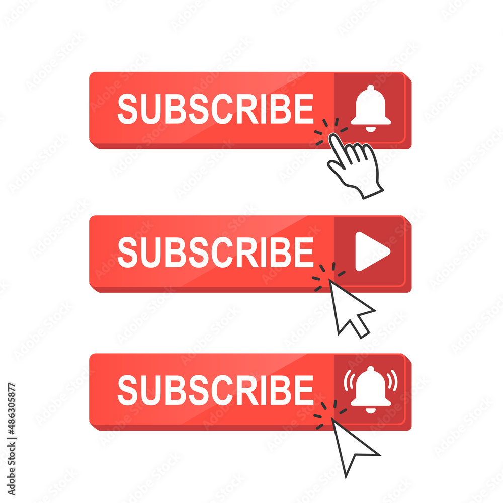 Poster red button subscribe of channel sign with cursor. subscribe button set for social media and video ch