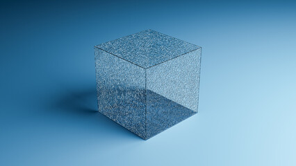 Cracked glass cube exploding in small pieces - illustration, 3D rendering