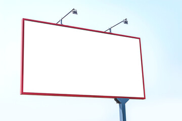 Blank billboard mockup with white screen. Against the backdrop of nature and blue sky. Business concept. Copy space banner for advertising.