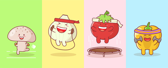 Cute funny vegetables cartoon characters workout and exercises set isolated on color pastel background.