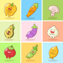 Cute vegetables cartoon characters set isolated on color pastel background.