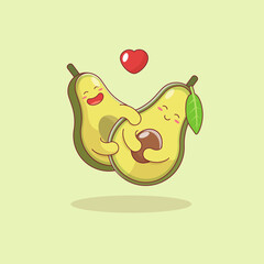 Cute lovely avocado cartoon characters couple hug and love with heart isolated on green background.