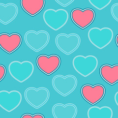 Seamless pattern of pink and blue hearts with a double stroke on a light blue-green background for textiles.