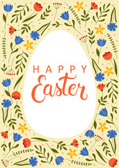Happy Easter greeting card. White egg on floral pattern. Template for poster, greeting card, invitation or postcard.