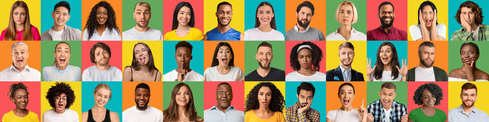 Fototapeta na wymiar People faces and emotions. Set of multiracial men and women portraits over color studio backgrounds, panorama